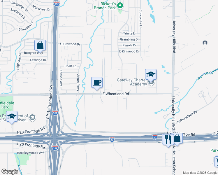 map of restaurants, bars, coffee shops, grocery stores, and more near 8105 Buford Drive in Dallas