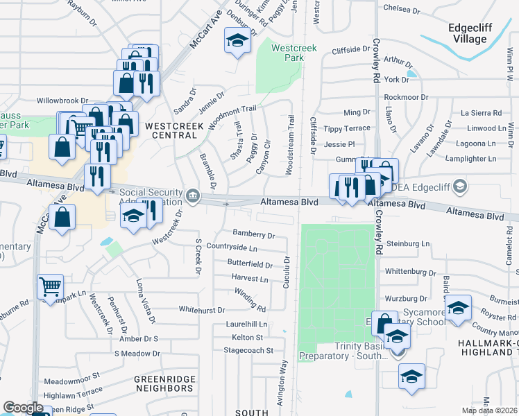 map of restaurants, bars, coffee shops, grocery stores, and more near 2608 Altamesa Boulevard in Fort Worth