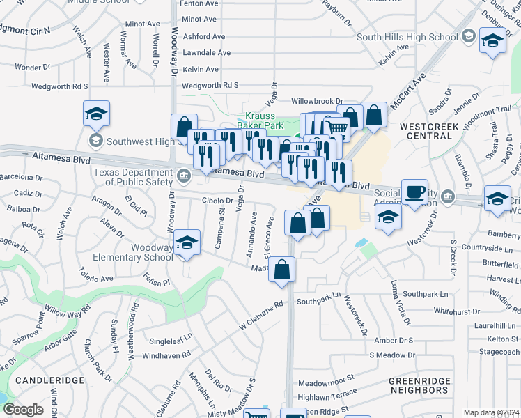 map of restaurants, bars, coffee shops, grocery stores, and more near 3601 Altamesa Boulevard in Fort Worth