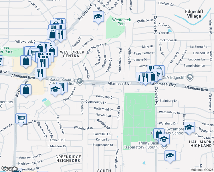 map of restaurants, bars, coffee shops, grocery stores, and more near 2608 Altamesa Boulevard in Fort Worth
