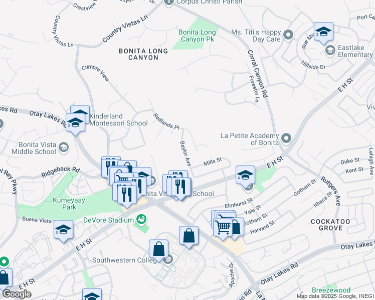map of restaurants, bars, coffee shops, grocery stores, and more near 731 Baylor Avenue in Bonita