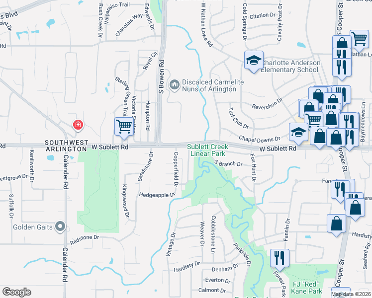 map of restaurants, bars, coffee shops, grocery stores, and more near 2323 West Sublett Road in Arlington