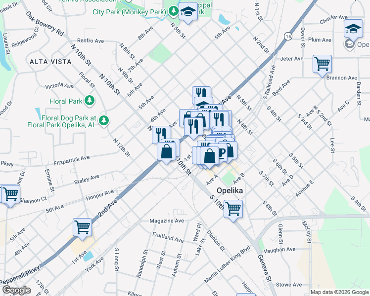 map of restaurants, bars, coffee shops, grocery stores, and more near 107 North 9th Street in Opelika
