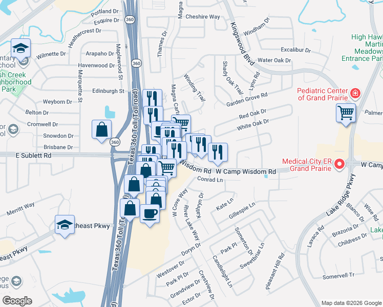 map of restaurants, bars, coffee shops, grocery stores, and more near 5059 Venecia Way in Grand Prairie