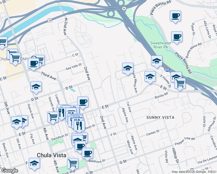 map of restaurants, bars, coffee shops, grocery stores, and more near 138 Minot Avenue in Chula Vista