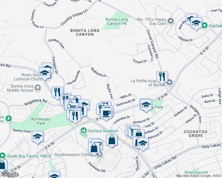 map of restaurants, bars, coffee shops, grocery stores, and more near 731 Baylor Avenue in Bonita