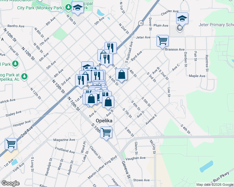 map of restaurants, bars, coffee shops, grocery stores, and more near 600-698 Ave A in Opelika