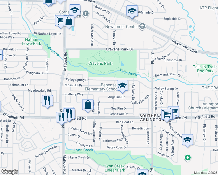 map of restaurants, bars, coffee shops, grocery stores, and more near 406 Moss Hill Drive in Arlington