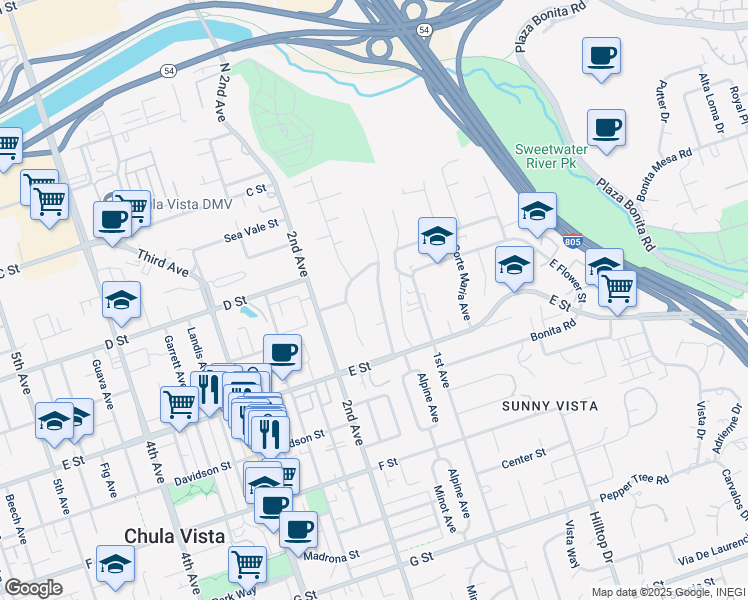 map of restaurants, bars, coffee shops, grocery stores, and more near 138 Minot Avenue in Chula Vista