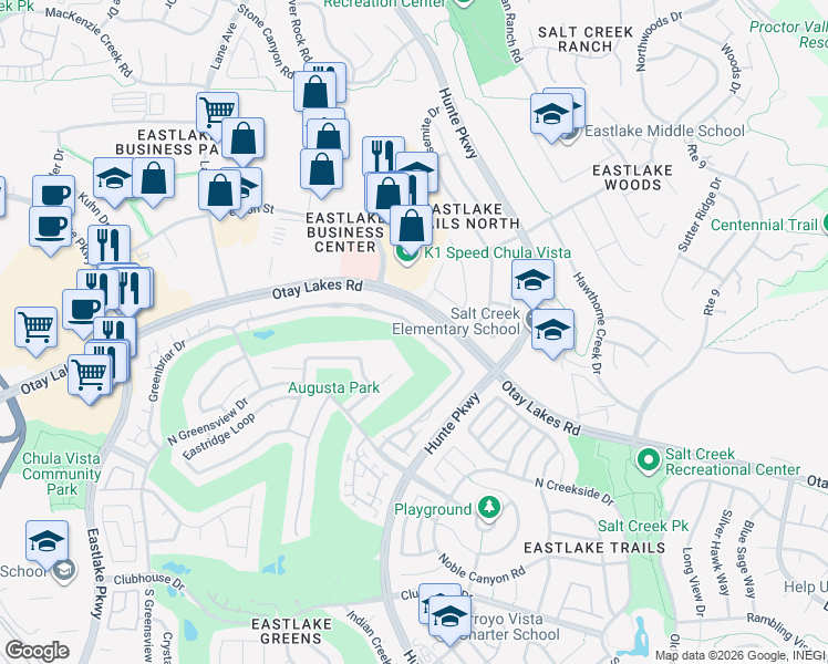 map of restaurants, bars, coffee shops, grocery stores, and more near 2500 La Costa Avenue in Chula Vista