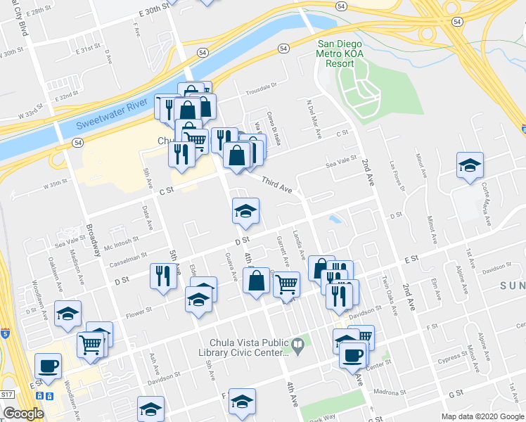 map of restaurants, bars, coffee shops, grocery stores, and more near 63 Glover Court in Chula Vista