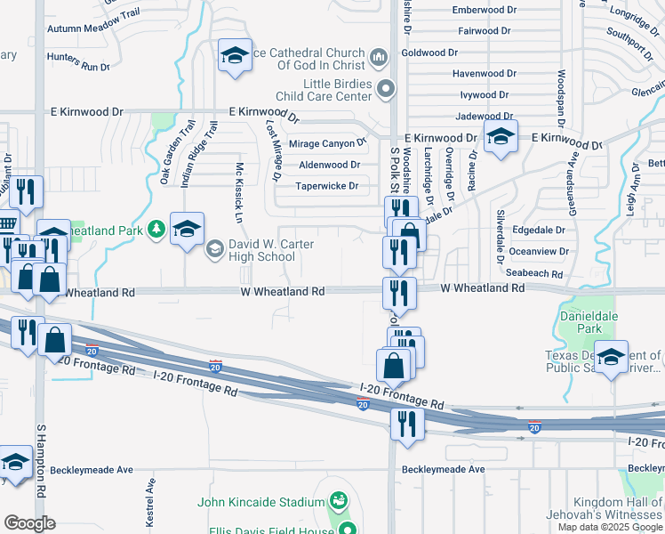 map of restaurants, bars, coffee shops, grocery stores, and more near 1301 West Wheatland Road in Dallas