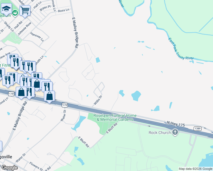 map of restaurants, bars, coffee shops, grocery stores, and more near 501 Barry Drive in Seagoville