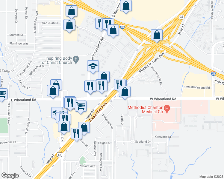 map of restaurants, bars, coffee shops, grocery stores, and more near U.S. 67 Frontage & Glenlyon in Dallas