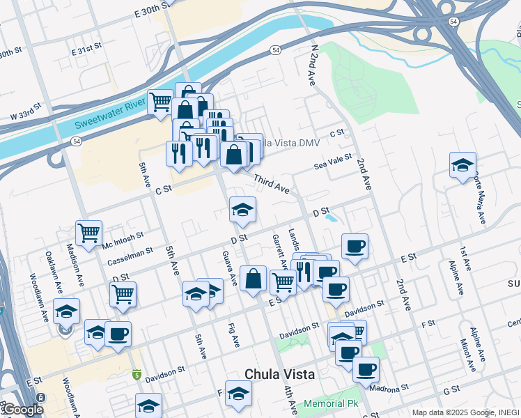 map of restaurants, bars, coffee shops, grocery stores, and more near 71 Glover Court in Chula Vista
