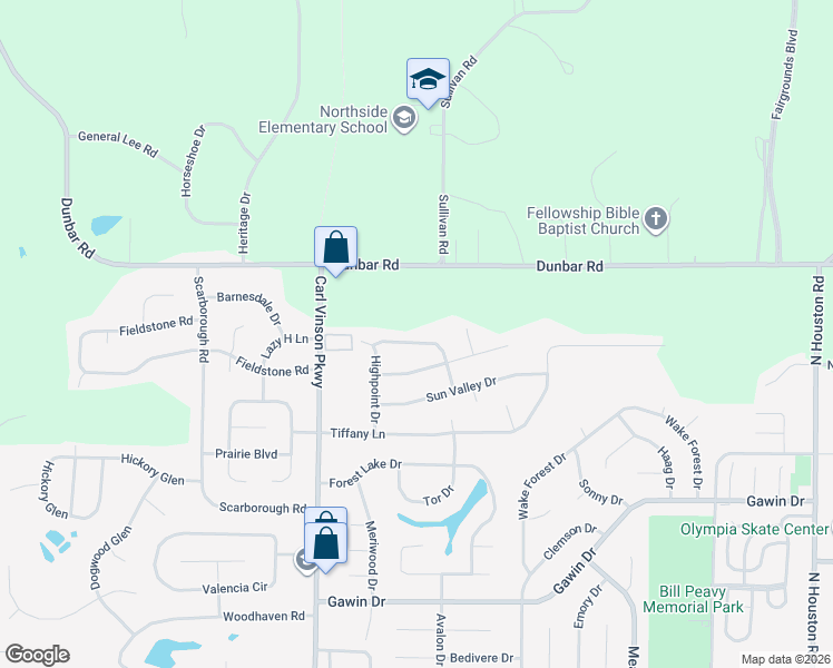 map of restaurants, bars, coffee shops, grocery stores, and more near 208 Wimbleton Circle in Warner Robins