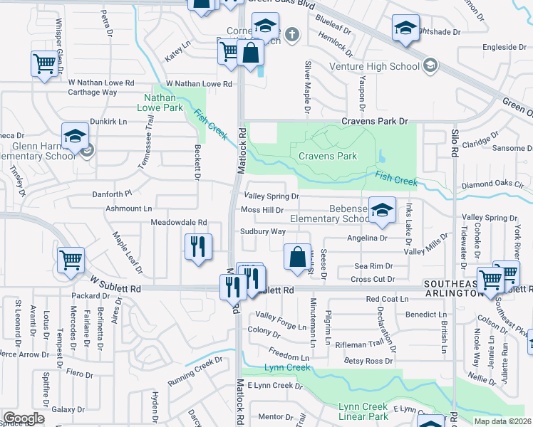 map of restaurants, bars, coffee shops, grocery stores, and more near 200 Moss Hill Drive in Arlington