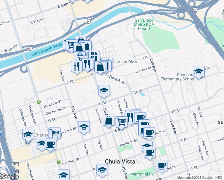 map of restaurants, bars, coffee shops, grocery stores, and more near 71 Glover Court in Chula Vista