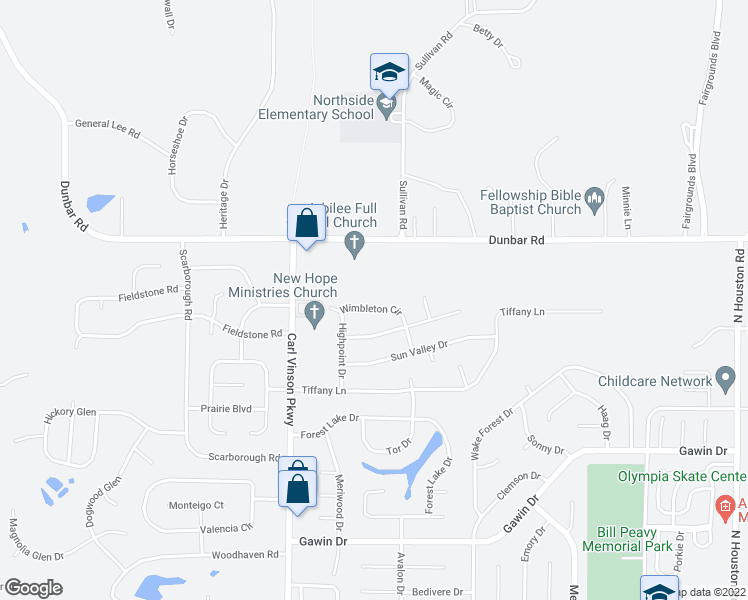 map of restaurants, bars, coffee shops, grocery stores, and more near 208 Wimbleton Circle in Warner Robins