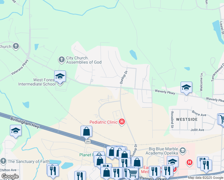 map of restaurants, bars, coffee shops, grocery stores, and more near 2401 Waverly Parkway in Opelika
