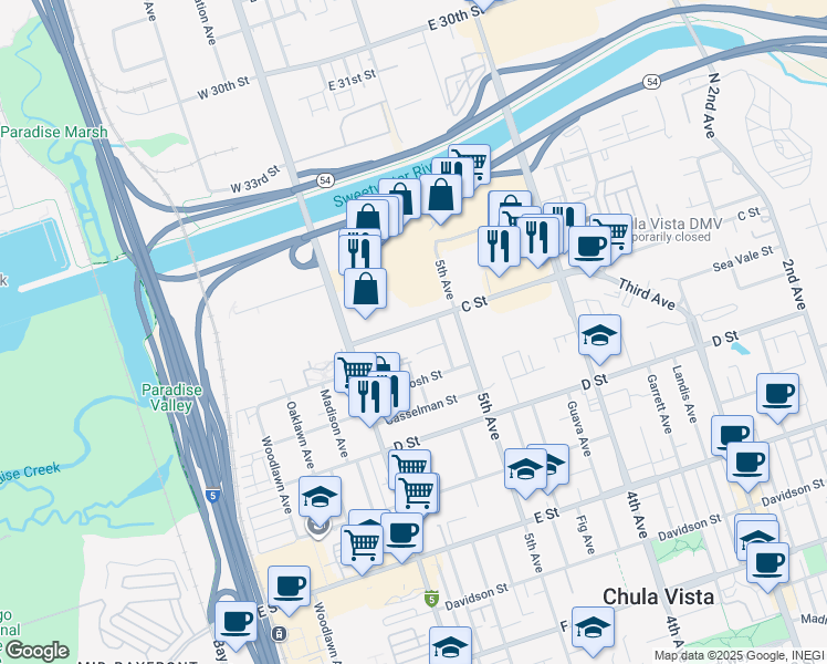 map of restaurants, bars, coffee shops, grocery stores, and more near 4 Date Avenue in Chula Vista