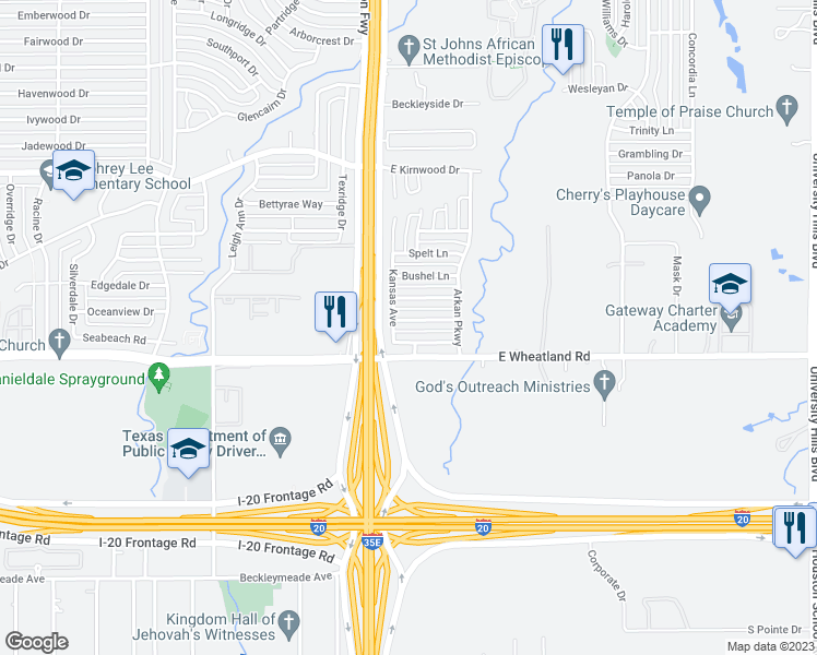 map of restaurants, bars, coffee shops, grocery stores, and more near 107 Idlewheat Lane in Dallas