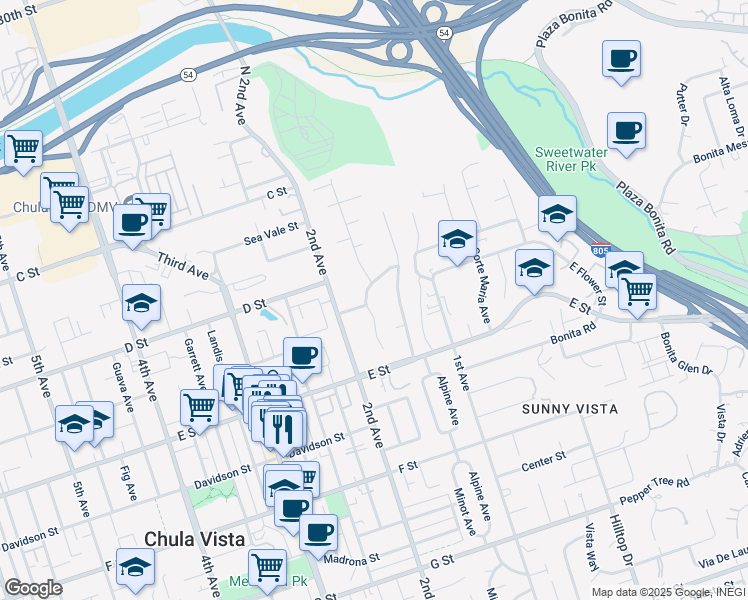 map of restaurants, bars, coffee shops, grocery stores, and more near 168 D Street in Chula Vista