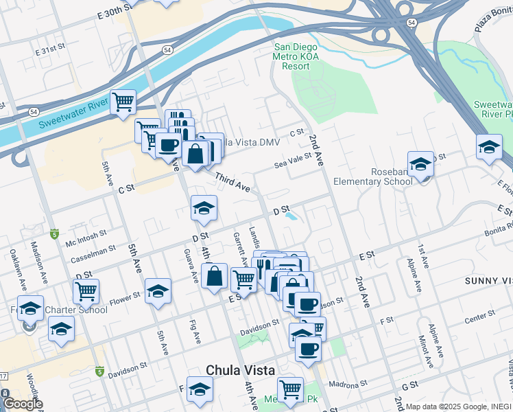 map of restaurants, bars, coffee shops, grocery stores, and more near 304 Kimball Terrace in Chula Vista