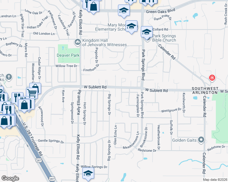 map of restaurants, bars, coffee shops, grocery stores, and more near 6002 Green Forest Court in Arlington