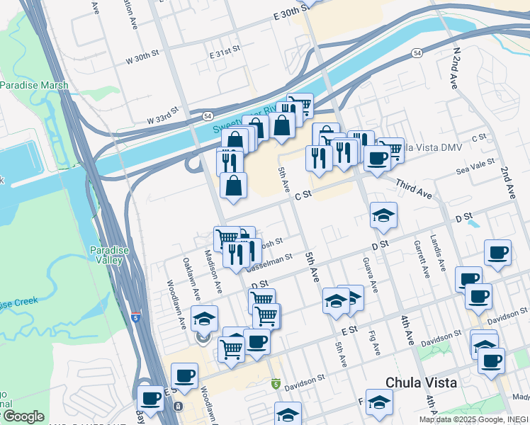 map of restaurants, bars, coffee shops, grocery stores, and more near 4 Date Avenue in Chula Vista
