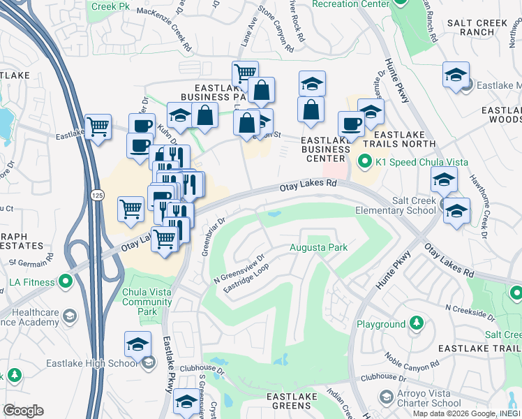map of restaurants, bars, coffee shops, grocery stores, and more near 2400 La Costa Avenue in Chula Vista