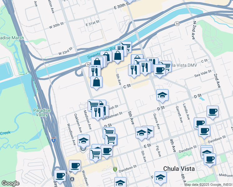 map of restaurants, bars, coffee shops, grocery stores, and more near 10 Date Avenue in Chula Vista