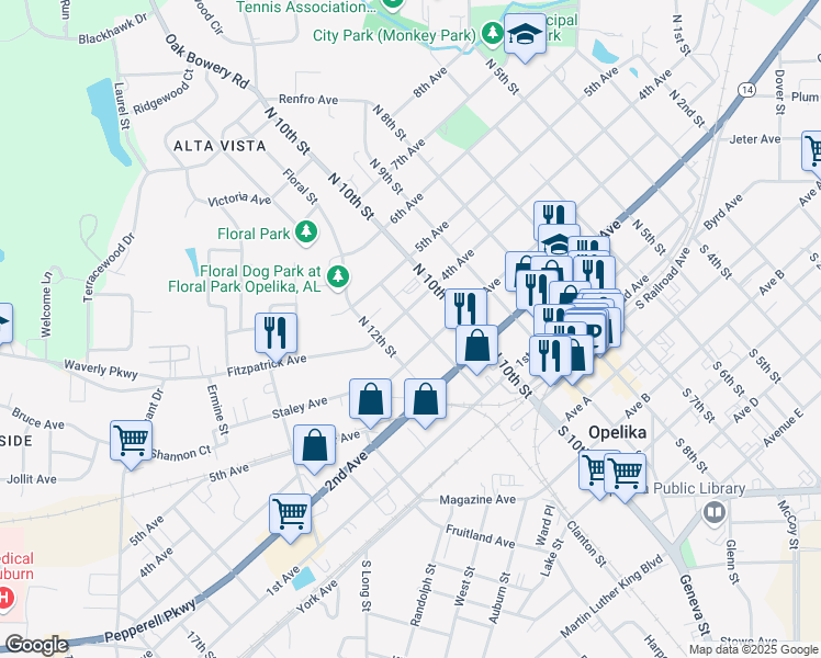 map of restaurants, bars, coffee shops, grocery stores, and more near 303 North 11th Street in Opelika