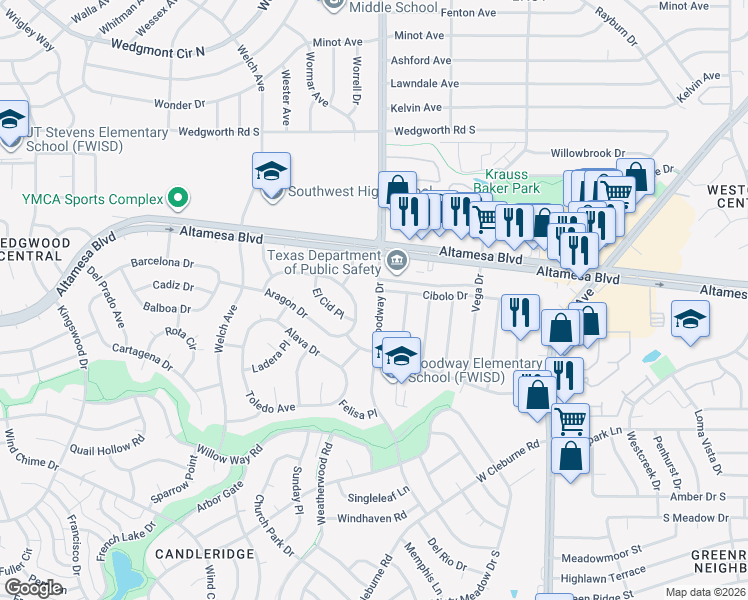 map of restaurants, bars, coffee shops, grocery stores, and more near 6500 Woodway Drive in Fort Worth