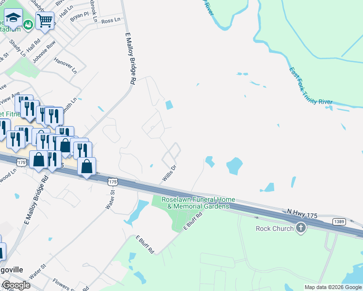 map of restaurants, bars, coffee shops, grocery stores, and more near 501 Barry Drive in Seagoville