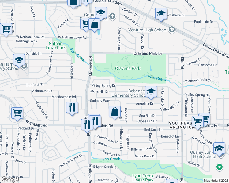 map of restaurants, bars, coffee shops, grocery stores, and more near 225 Moss Hill Drive in Arlington