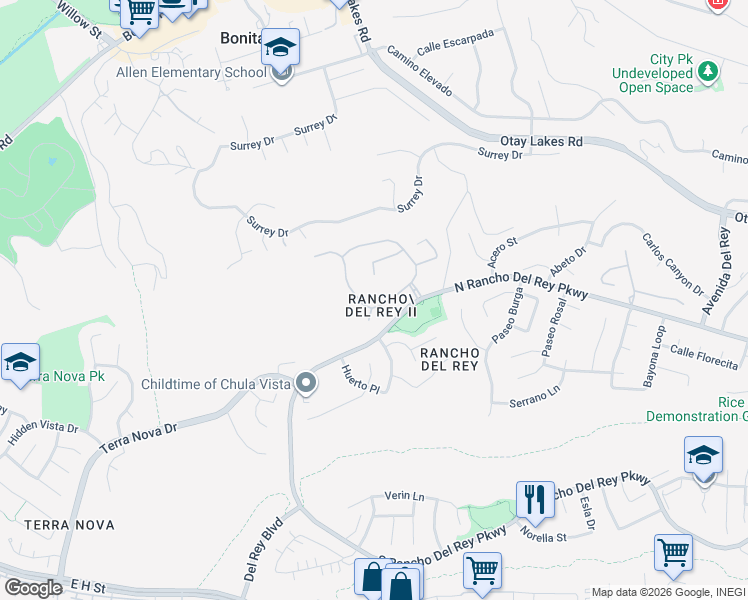 map of restaurants, bars, coffee shops, grocery stores, and more near 408 Milagrosa Circle in Chula Vista