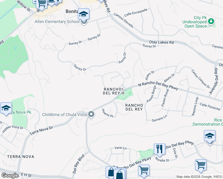 map of restaurants, bars, coffee shops, grocery stores, and more near 408 Milagrosa Circle in Chula Vista