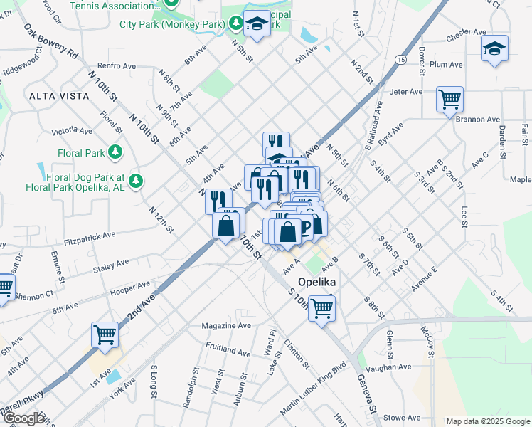 map of restaurants, bars, coffee shops, grocery stores, and more near 107 North 9th Street in Opelika