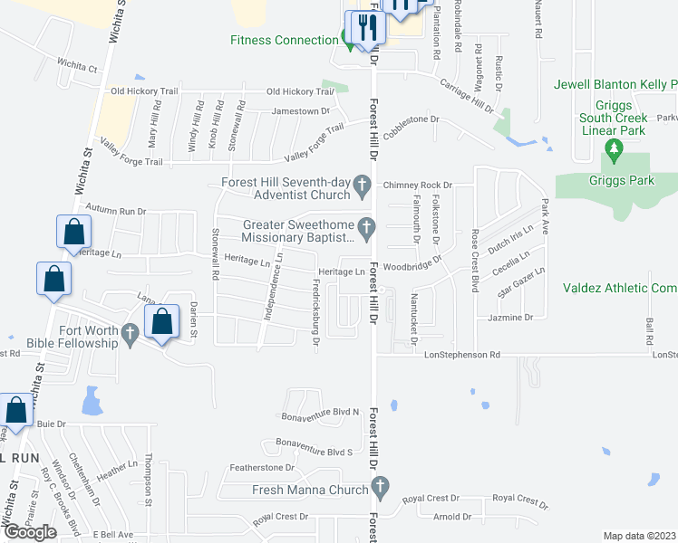 map of restaurants, bars, coffee shops, grocery stores, and more near 3403 Heritage Lane in Forest Hill
