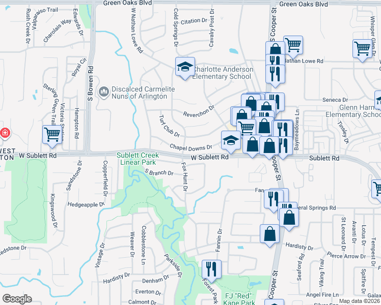 map of restaurants, bars, coffee shops, grocery stores, and more near 2140 Chapel Downs Drive in Arlington