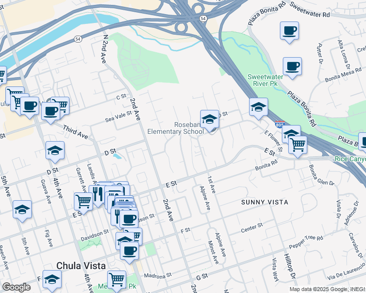 map of restaurants, bars, coffee shops, grocery stores, and more near 135 Minot Avenue in Chula Vista