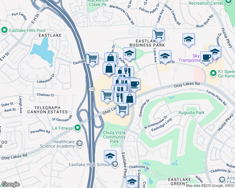 map of restaurants, bars, coffee shops, grocery stores, and more near 964 Eastlake Parkway in Chula Vista