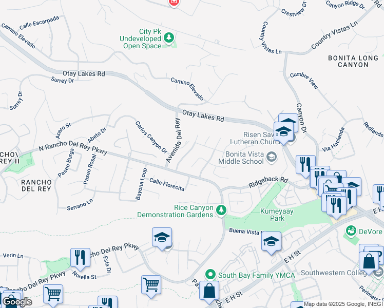 map of restaurants, bars, coffee shops, grocery stores, and more near 575 Vista Miranda in Chula Vista