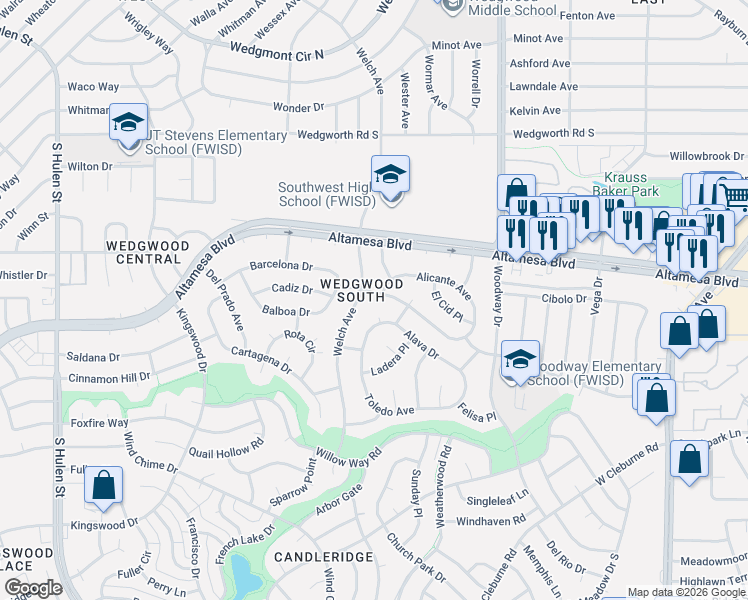 map of restaurants, bars, coffee shops, grocery stores, and more near 6500 Welch Avenue in Fort Worth