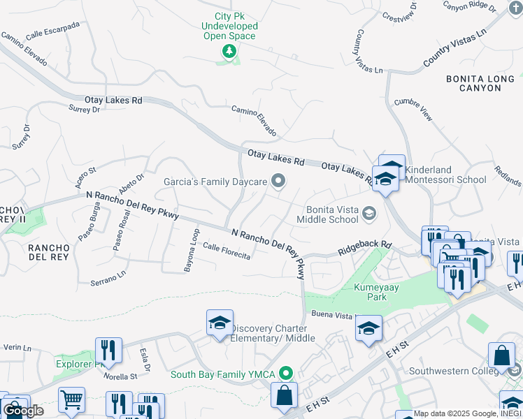 map of restaurants, bars, coffee shops, grocery stores, and more near 575 Vista Miranda in Chula Vista