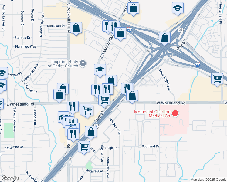 map of restaurants, bars, coffee shops, grocery stores, and more near 4041 West Wheatland Road in Dallas