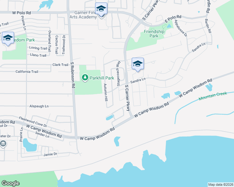 map of restaurants, bars, coffee shops, grocery stores, and more near 5112 Stagecoach Way in Grand Prairie