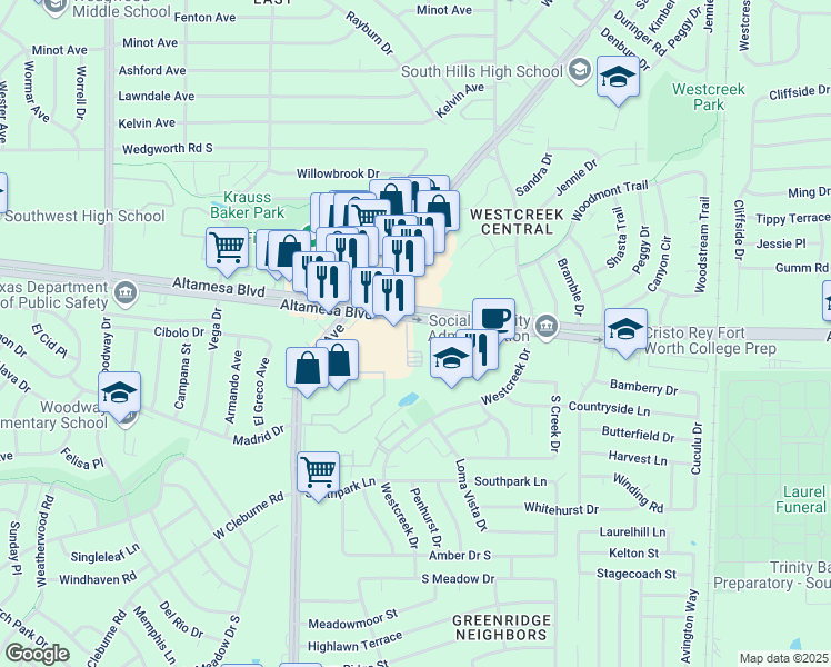 map of restaurants, bars, coffee shops, grocery stores, and more near 3329 Altamesa Boulevard in Fort Worth