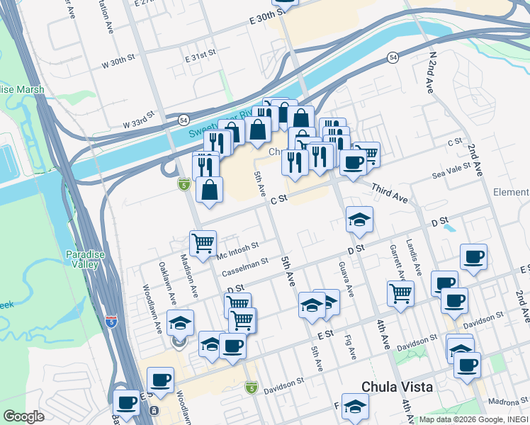 map of restaurants, bars, coffee shops, grocery stores, and more near 10 5th Avenue in Chula Vista